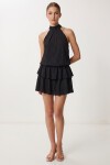 Halter Yaka Katlı Mini Krinkıl Örme Elbise SİYAH LFW0022