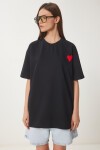 Kalp Nakışlı Örme T-shirt SİYAH LZV0018