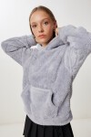 Kapüşonlu Cepli Peluş Sweatshirt GRİ LZV0020