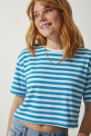 Oversize Çizgili Pamuklu Örme T-shirt MAVİ BEYAZ LZE0001