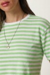 Oversize Çizgili Pamuklu Örme T-shirt YEŞİL BEYAZ LZE0001