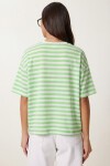 Oversize Çizgili Pamuklu Örme T-shirt YEŞİL BEYAZ LZE0001