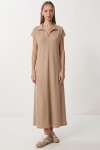 Polo Yaka Cepli Örme Elbise BEJ LDZ0038