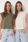 2’li Paket Basic Viskon T-shirt EKRU HAKİ LRN0043