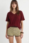 2’li Paket V Yaka Oversize Örme T-shirt LACİVERT BORDO LZV0085