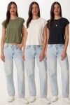 3’lü Paket Basic Viskon T-shirt SİYAH HAKİ EKRU LRN0044