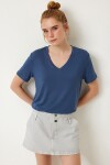 3’lü Paket V Yaka Basic Viskon T-shirt KOYU MAVİ KOYU PEMBE EKRU LRN0069