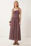 Çizgili Korse Görünümlü Poplin Midi Elbise BORDO LUB0374