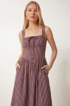 Çizgili Korse Görünümlü Poplin Midi Elbise BORDO LUB0374