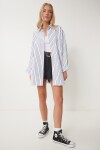 Çizgili Oversize Uzun Dokuma Gömlek BEYAZ SİYAH LBP0024