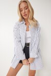 Çizgili Oversize Uzun Dokuma Gömlek BEYAZ SİYAH LBP0024