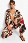 Desenli Yazlık Viskon Kimono Pantolon Takım ANTRASİT KIRMIZI LRN0013