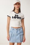 Kontrast Baskılı Pamuklu T-shirt BEYAZ LACİVERT LUB0346