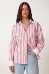 Kontrast Manşetli Çizgili Oversize Gömlek PEMBE BORDO LUB0347