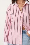 Kontrast Manşetli Çizgili Oversize Gömlek PEMBE BORDO LUB0347
