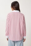 Kontrast Manşetli Çizgili Oversize Gömlek PEMBE BORDO LUB0347