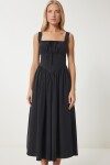 Korse Görünümlü Poplin Midi Elbise SİYAH LUB0224