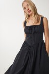 Korse Görünümlü Poplin Midi Elbise SİYAH LUB0354