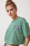 Nakış Detaylı Çizgili %100 Pamuk Crop Örme T-shirt YEŞİL LCR0005