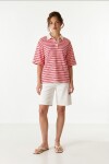 Polo Yaka Çizgili Oversize Örme T-shirt PEMBE LUB0388