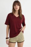 V Yaka Oversize Basic Örme T-shirt BORDO LZV0072