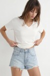 V Yaka Oversize Basic Örme T-shirt EKRU LZV0072