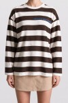 Çizgili Baskılı Oversize Örme Sweatshirt KAHVERENGİ EKRU LUB0398