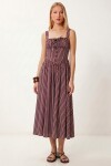 Çizgili Korse Görünümlü Poplin Midi Elbise BORDO LUB0374