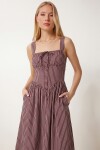 Çizgili Korse Görünümlü Poplin Midi Elbise BORDO LUB0374