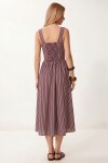 Çizgili Korse Görünümlü Poplin Midi Elbise BORDO LUB0374