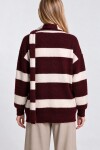 Atkılı Simli Çizgili Oversize Triko Hırka BORDO KEMİK LYY0155