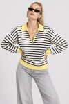 Çizgili Polo Yaka Oversize Triko Kazak 4419 EKRU SARI LKİ0056