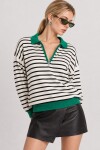 Çizgili Polo Yaka Oversize Triko Kazak 4419 EKRU YEŞİL LKİ0056