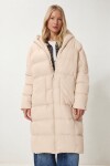 Kapüşonlu Oversize Uzun Şişme Kaban KREM LNT0001