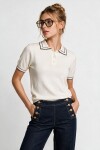 Kontrast Şeritli Polo Yaka Triko Bluz 4342 KEMİK LKİ0053