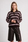 Polo Yaka Çizgili Triko Kazak KAHVERENGİ PEMBE LNT0045